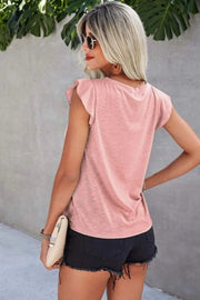 Dusty Pink cotton blouse with flutter sleeves and eyelet yoke detail.