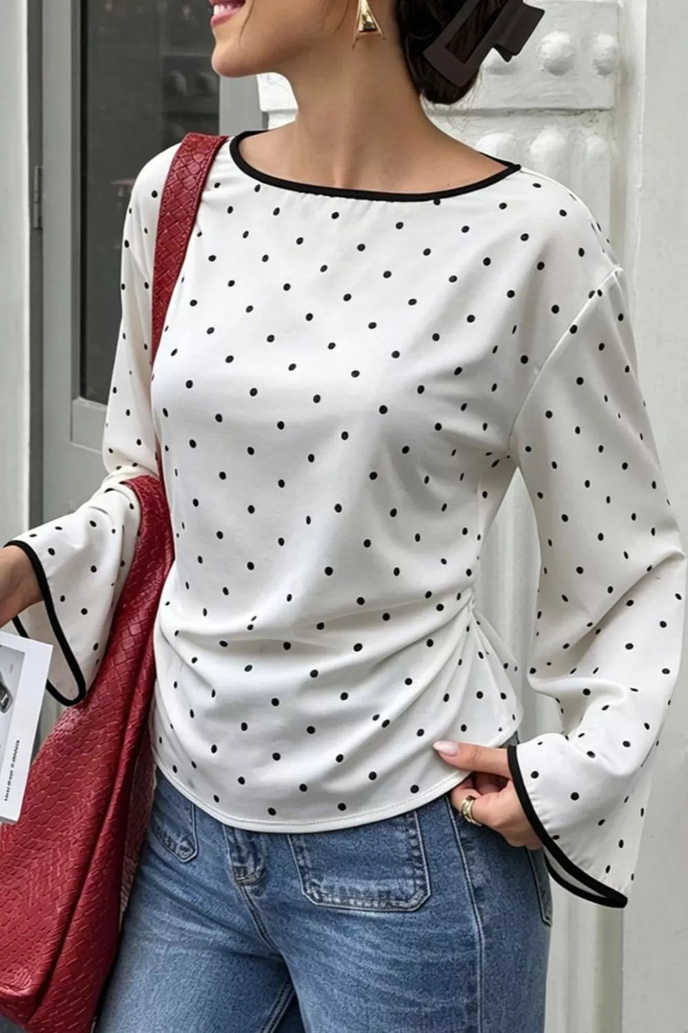 Polka Dot Flare Sleeve Blouse in White, model styling view