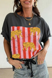 Grey cotton t-shirt with retro cheetah graphic and pink & red stripes.