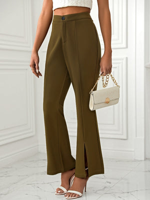 Olive brown tailored flare trousers with split hem detail.