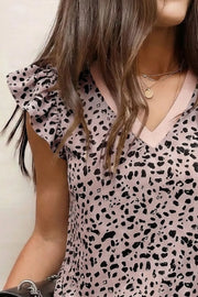 Leopard print polyester blouse with ruffled sleeves and V-neck