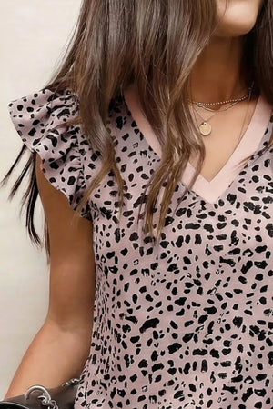 Leopard print polyester blouse with ruffled sleeves and V-neck
