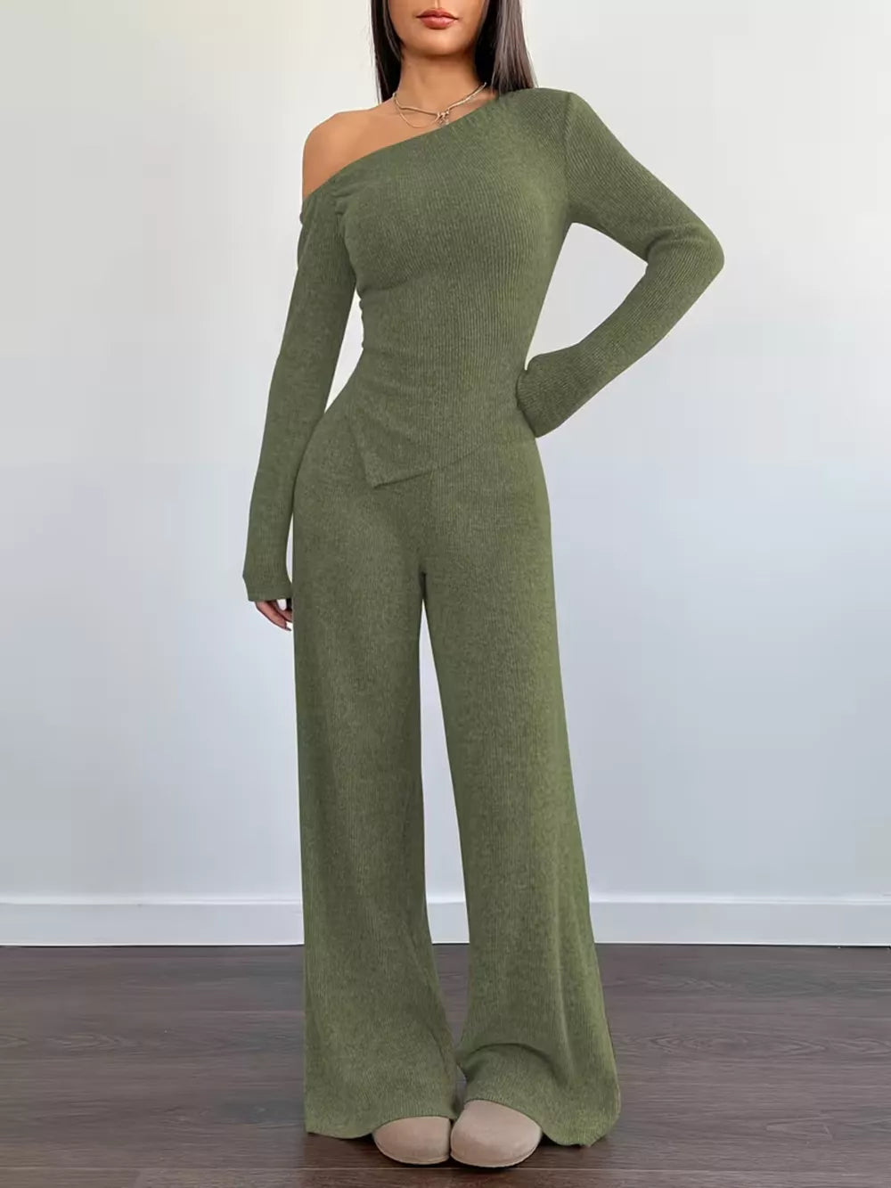 Chic One-shoulder Asymmetrical Top & Wide-leg Pants Set in Burgundy, model styling view