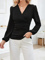 Black ruched maternity blouse with V-neck and long puff sleeves