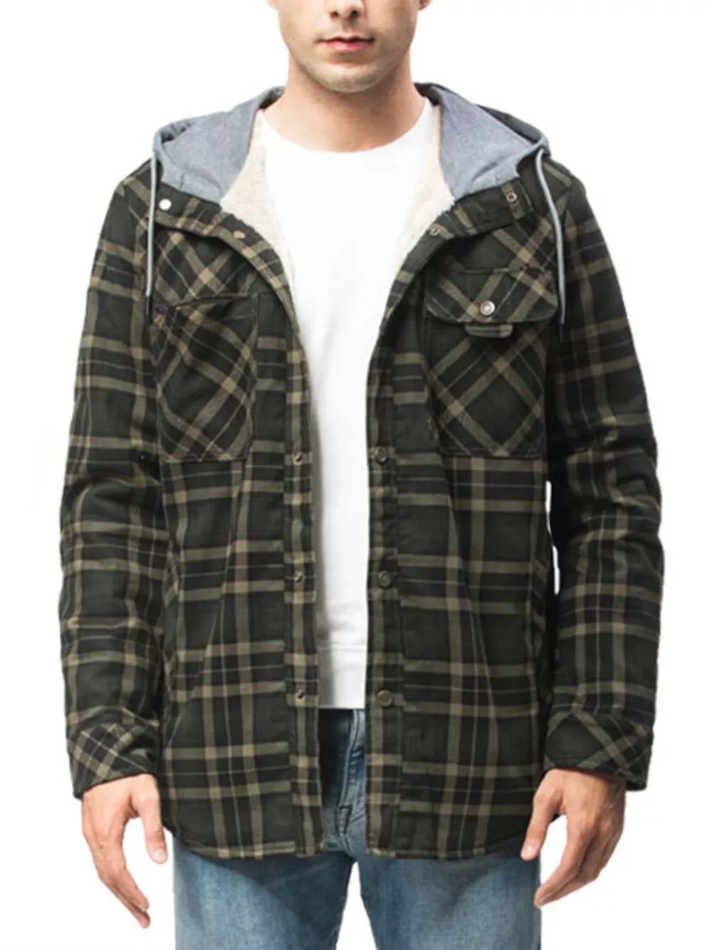 Men's plaid flannel hooded jacket with sherpa lining and buttoned chest pockets.