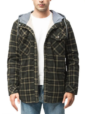 Men's plaid flannel hooded jacket with sherpa lining and buttoned chest pockets.