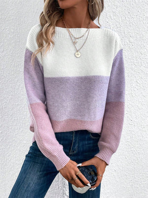 Colorblock boatneck knit sweater in white, lavender, and pink stripes.