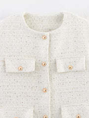 White tweed cropped button-up jacket with gold buttons and pocket details.