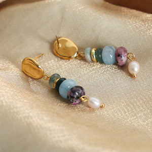 Stacked gemstone and pearl dangle earrings with 18K gold plating.