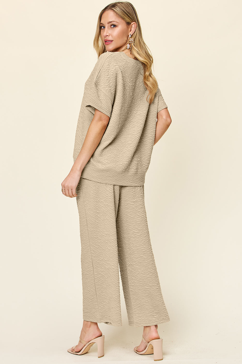 Khaki textured cocoon top and wide leg pants set with short sleeves and crew neck.