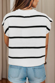 White knit shell top with black horizontal stripes and cap sleeves.