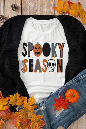 White Vibe Letter Print T-Shirt with "SPOOKY SEASON" graphic featuring a pumpkin and skull.