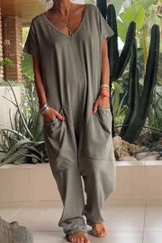 Casual V-neck Short Sleeve Jumpsuit With Pockets in Orange, product detail