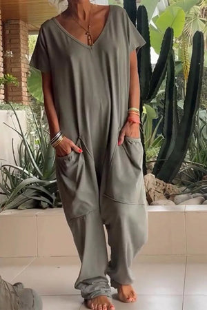 Casual V-neck Short Sleeve Jumpsuit With Pockets in Orange, product detail