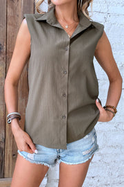 Olive brown textured sleeveless button-down shirt with shoulder pads