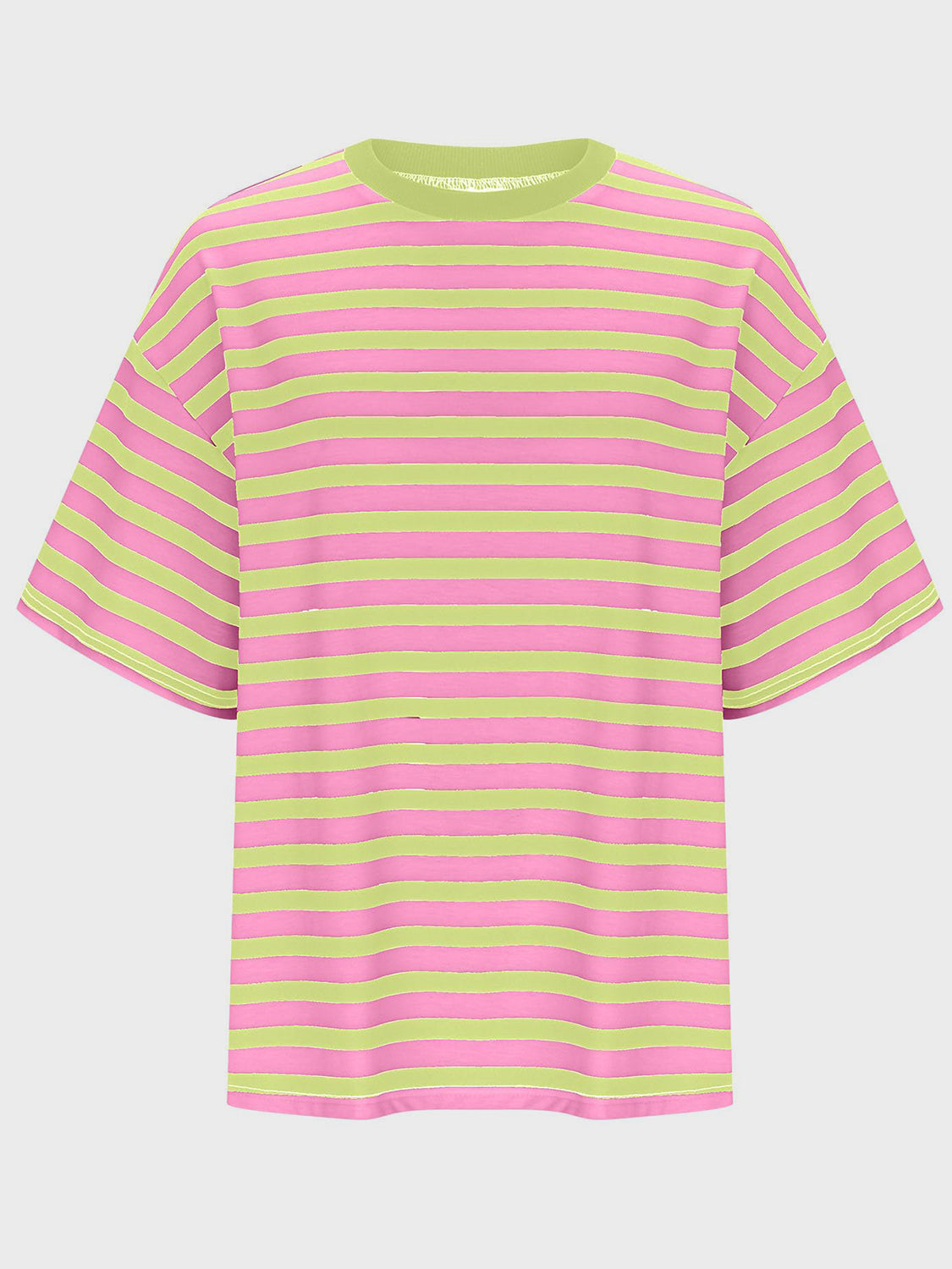 Oversized striped tee in pink and lime green with dropped sleeves and crew neck.