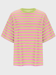 Oversized striped tee in pink and lime green with dropped sleeves and crew neck.