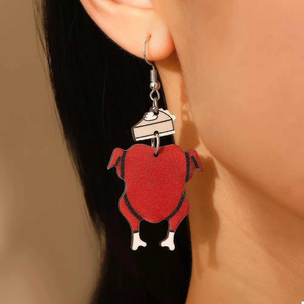 Thanksgiving turkey charm dangle earrings with pie slice detail, red acrylic.