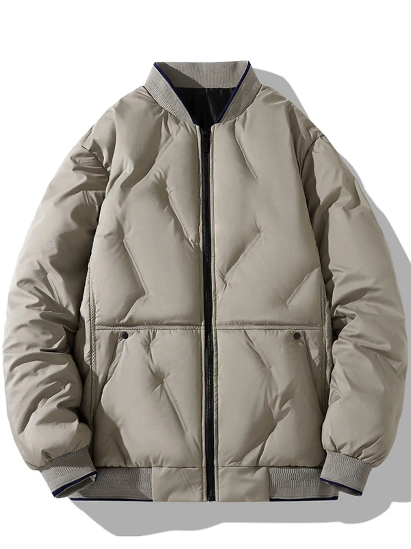 Khaki quilted bomber jacket with zip front and ribbed collar and cuffs.