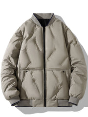 Khaki quilted bomber jacket with zip front and ribbed collar and cuffs.