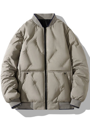 Khaki quilted bomber jacket with zip front and ribbed collar and cuffs.
