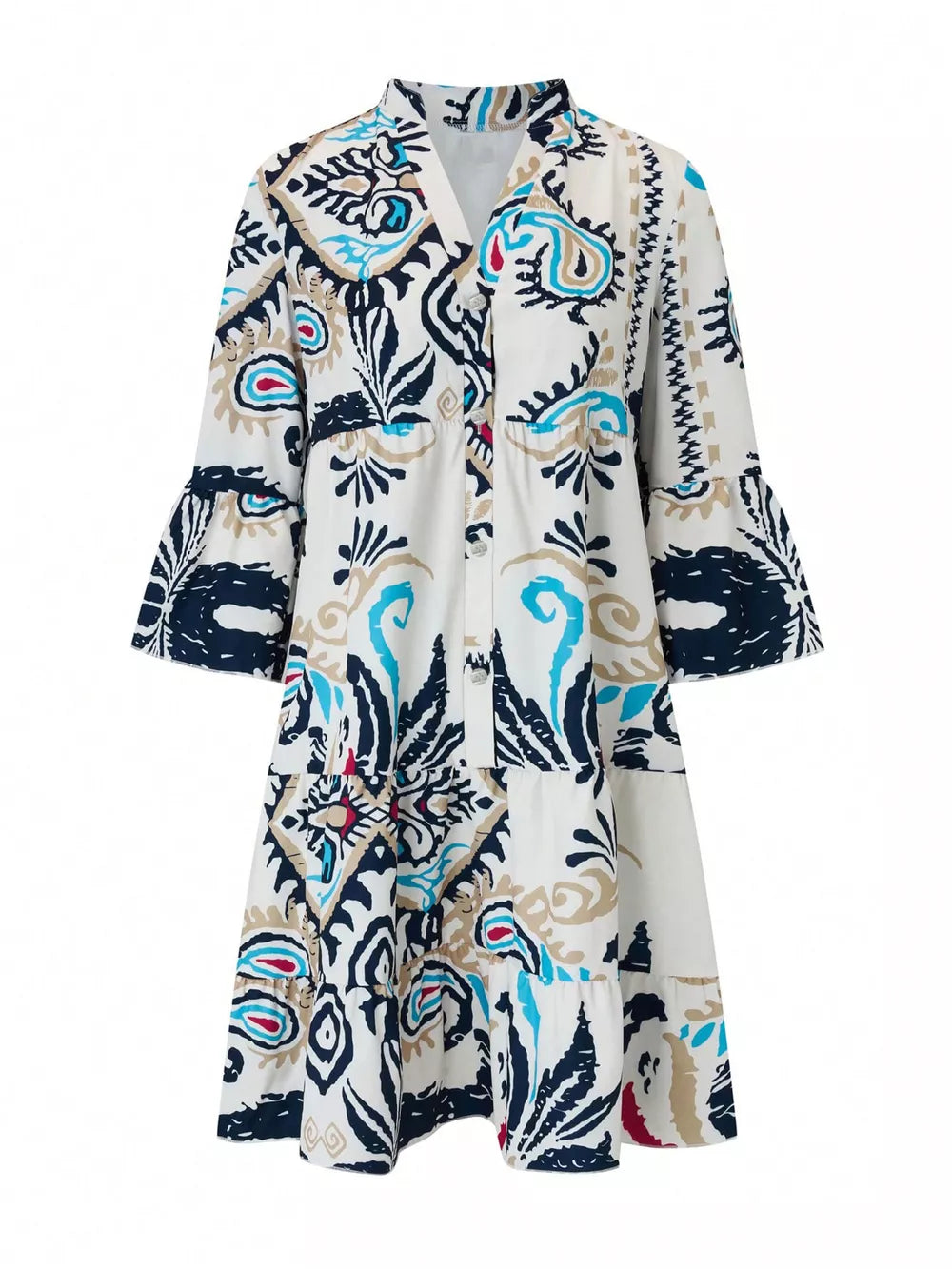 Vibrant tiered mini dress with abstract print, button detail, collared neckline, and bell sleeves.