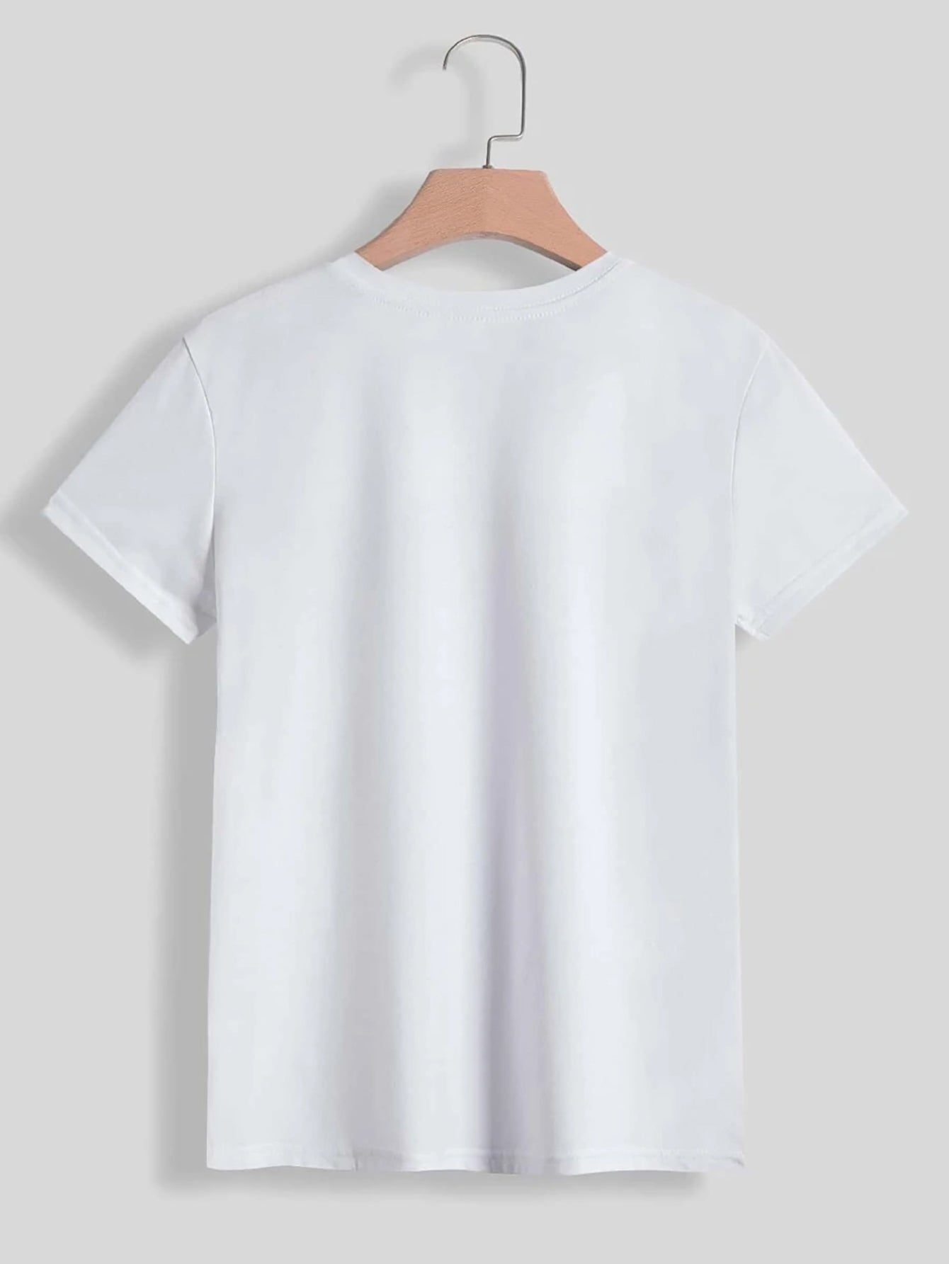 White t-shirt with a crew neck and short sleeves, blank back.