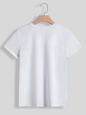 White t-shirt with a crew neck and short sleeves, blank back.