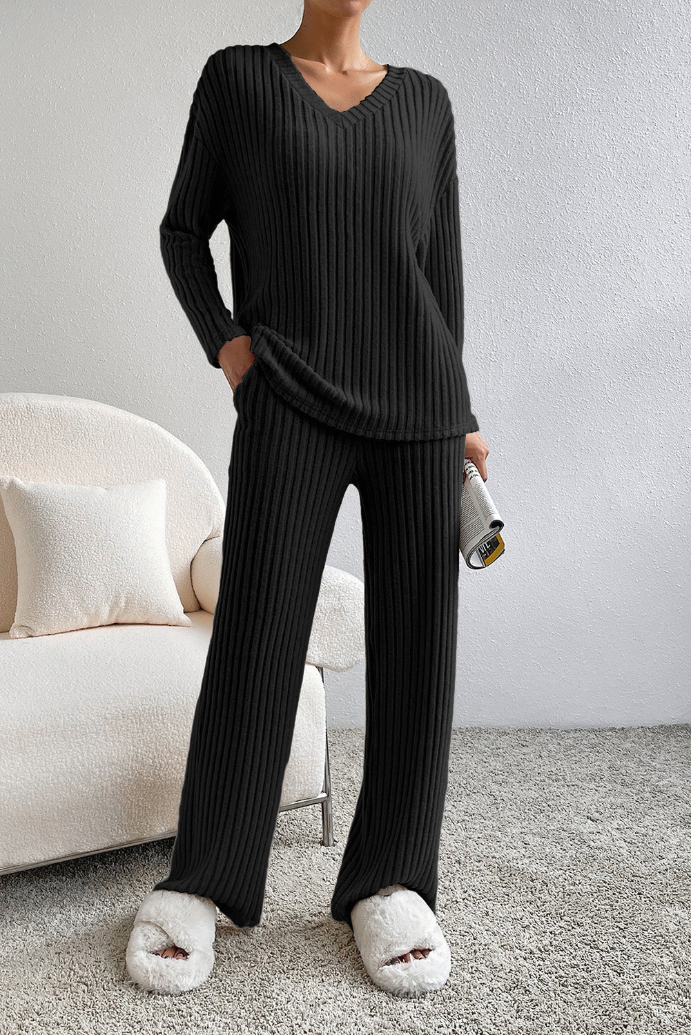 Black ribbed knit loungewear set with V-neck sweater and wide-leg pants.