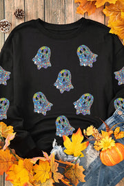 Black crewneck sweatshirt with scattered holographic ghost graphics.
