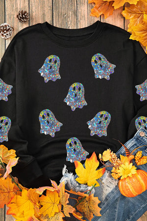 Black crewneck sweatshirt with scattered holographic ghost graphics.