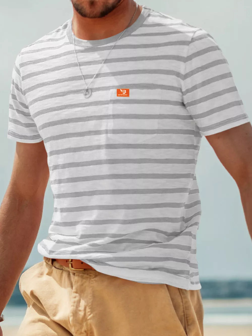 Men's Full Size Striped Pocket Short Sleeve T-shirt in Navy Blue, back view