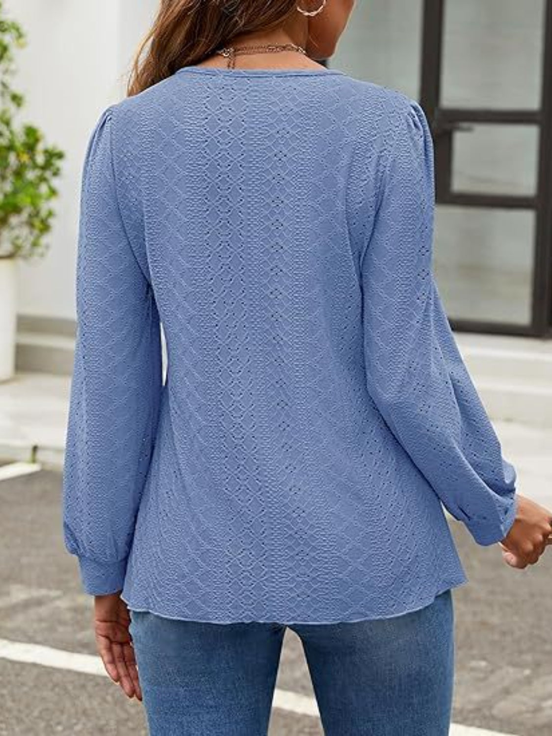 Dusty Blue perforated puff sleeve blouse with textured pattern, 100% polyester