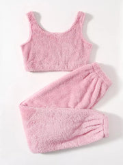 Cozy Plush Cropped Tank And Pants Lounge Set in Pink, alternate angle