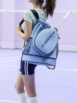 Blue drawstring backpack with racket compartment and mesh side pockets.