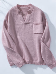 Dusty pink knit sweater with notched neckline and chest pocket.