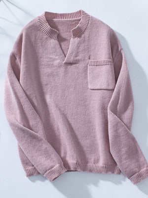 Dusty pink knit sweater with notched neckline and chest pocket.