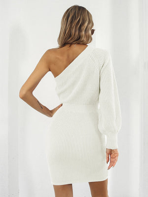 Ivory one-sleeve knit mini dress with balloon sleeve detail