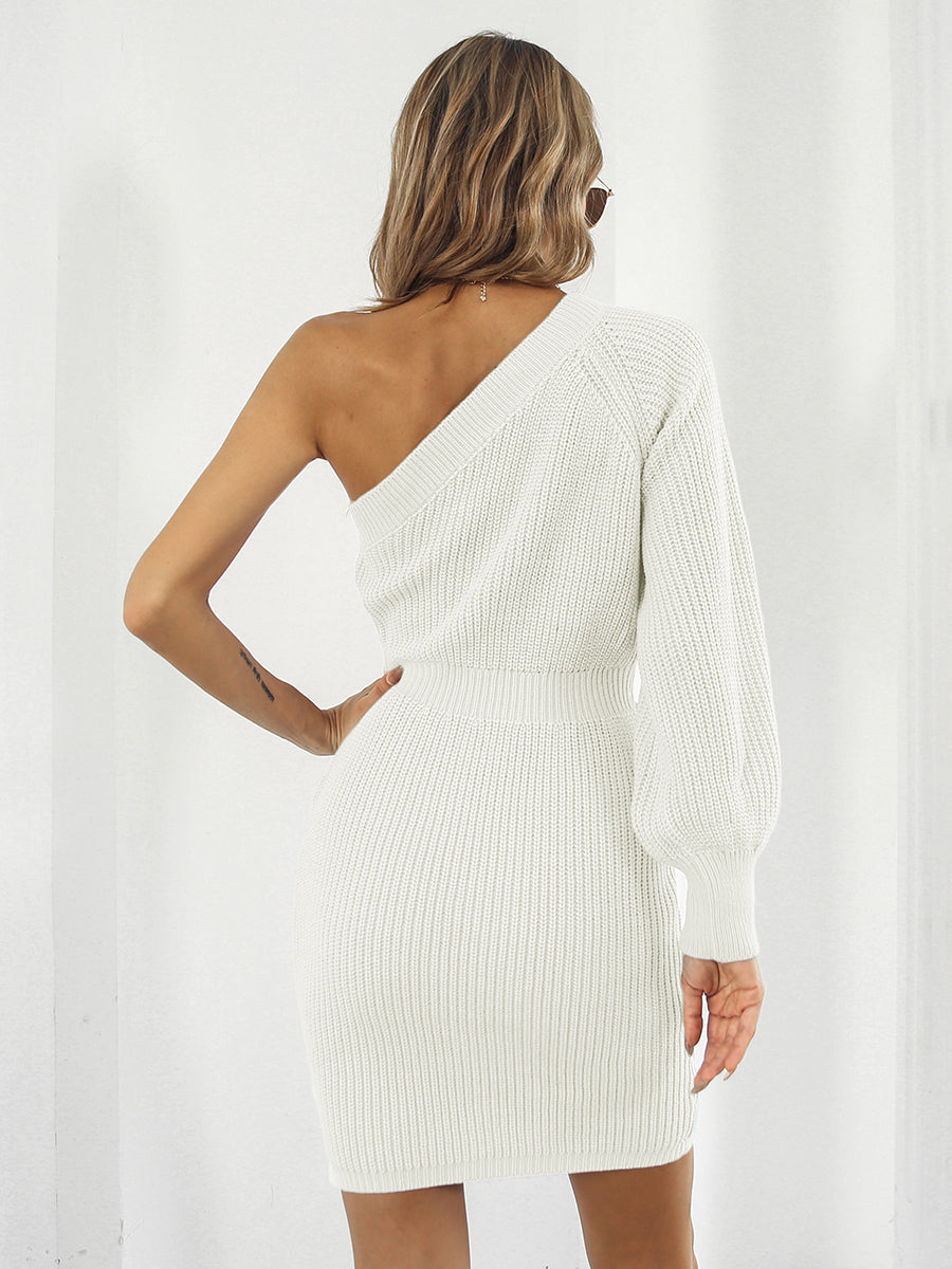Ivory one-sleeve knit mini dress with balloon sleeve detail