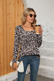 Floral print gathered square neck long sleeve blouse
