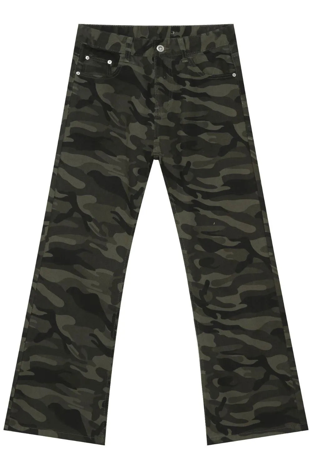 Camo flare denim trousers in green camouflage pattern with a relaxed fit.
