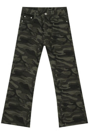 Camo flare denim trousers in green camouflage pattern with a relaxed fit.