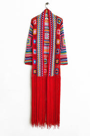 Crocheted duster in Deep Red with multicolor granny squares and long fringe.