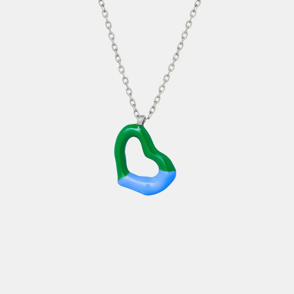 Two-tone green and blue heart enamel necklace on a silver chain.