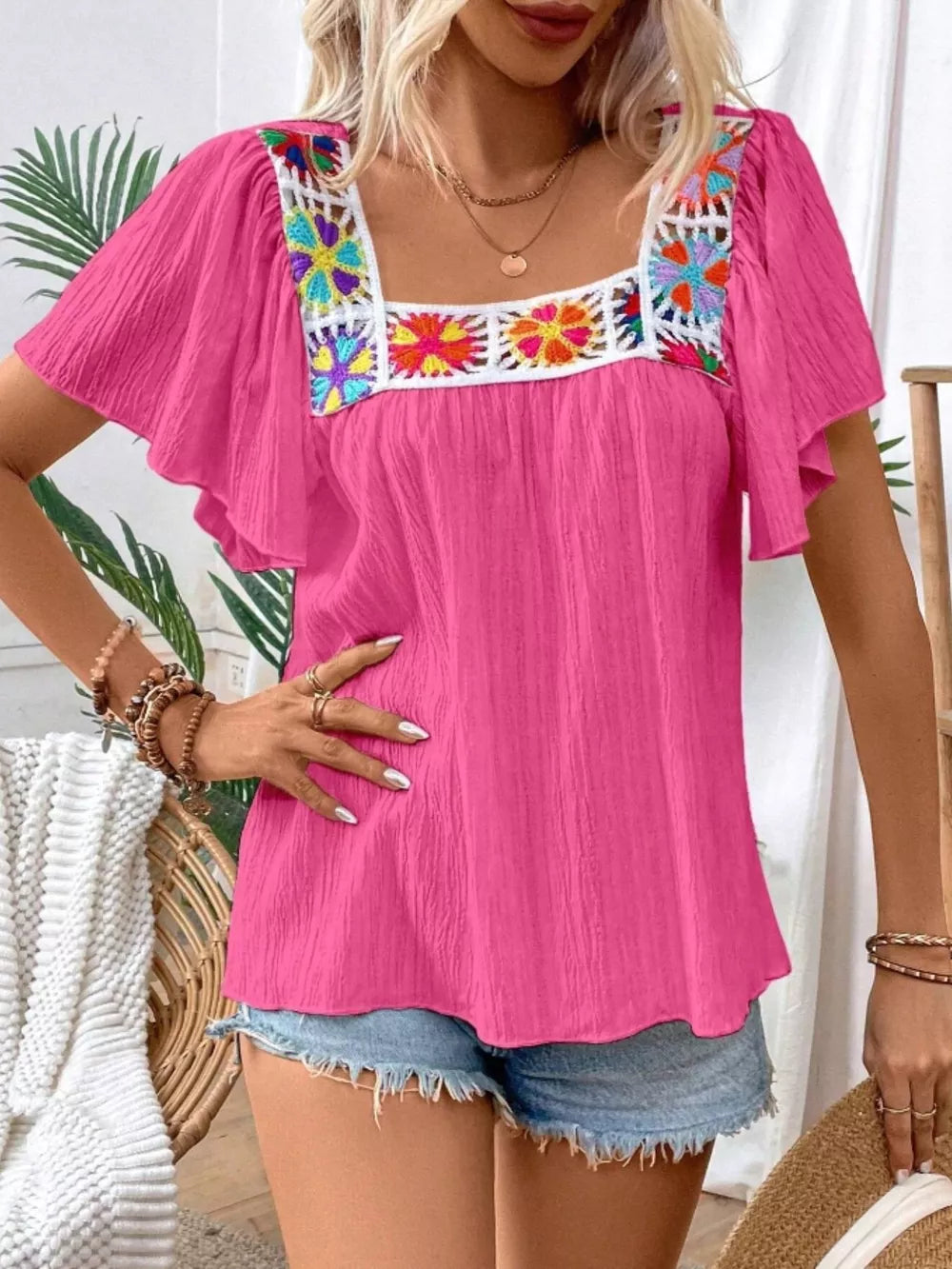 Rose red embroidered square neck flutter sleeve blouse with colorful crochet detail