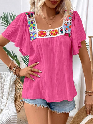 Rose red embroidered square neck flutter sleeve blouse with colorful crochet detail