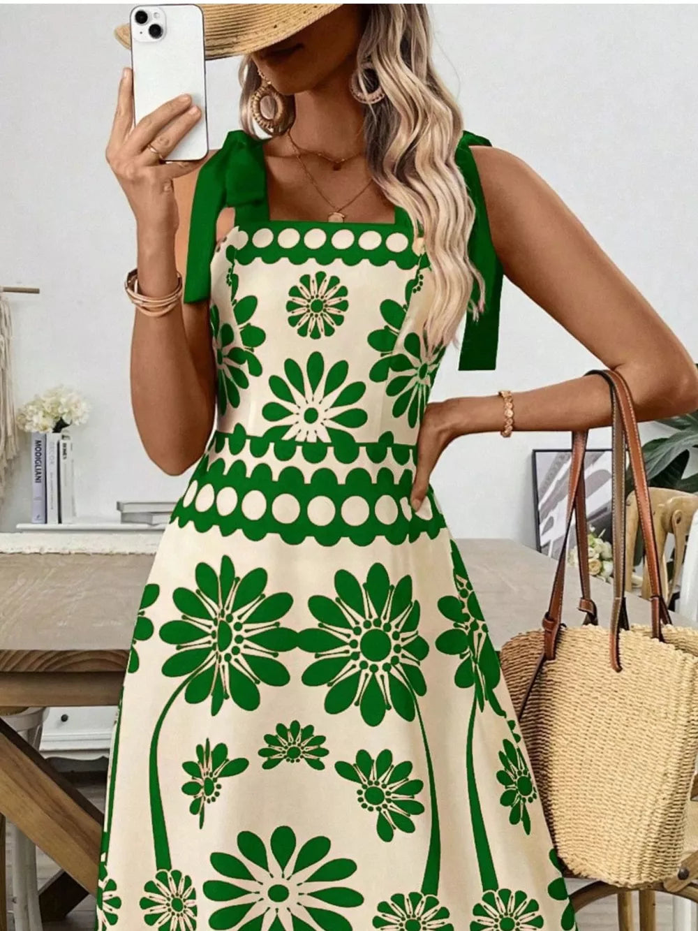 Charming floral tie-shoulder midi dress in cream with green floral print and scalloped trim.
