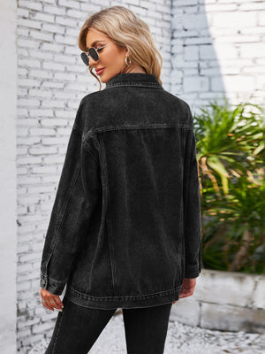 Black denim button-up jacket with a relaxed fit and classic collar.