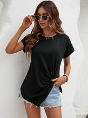 Black draped knot front t-shirt with short sleeves and an asymmetric hem.