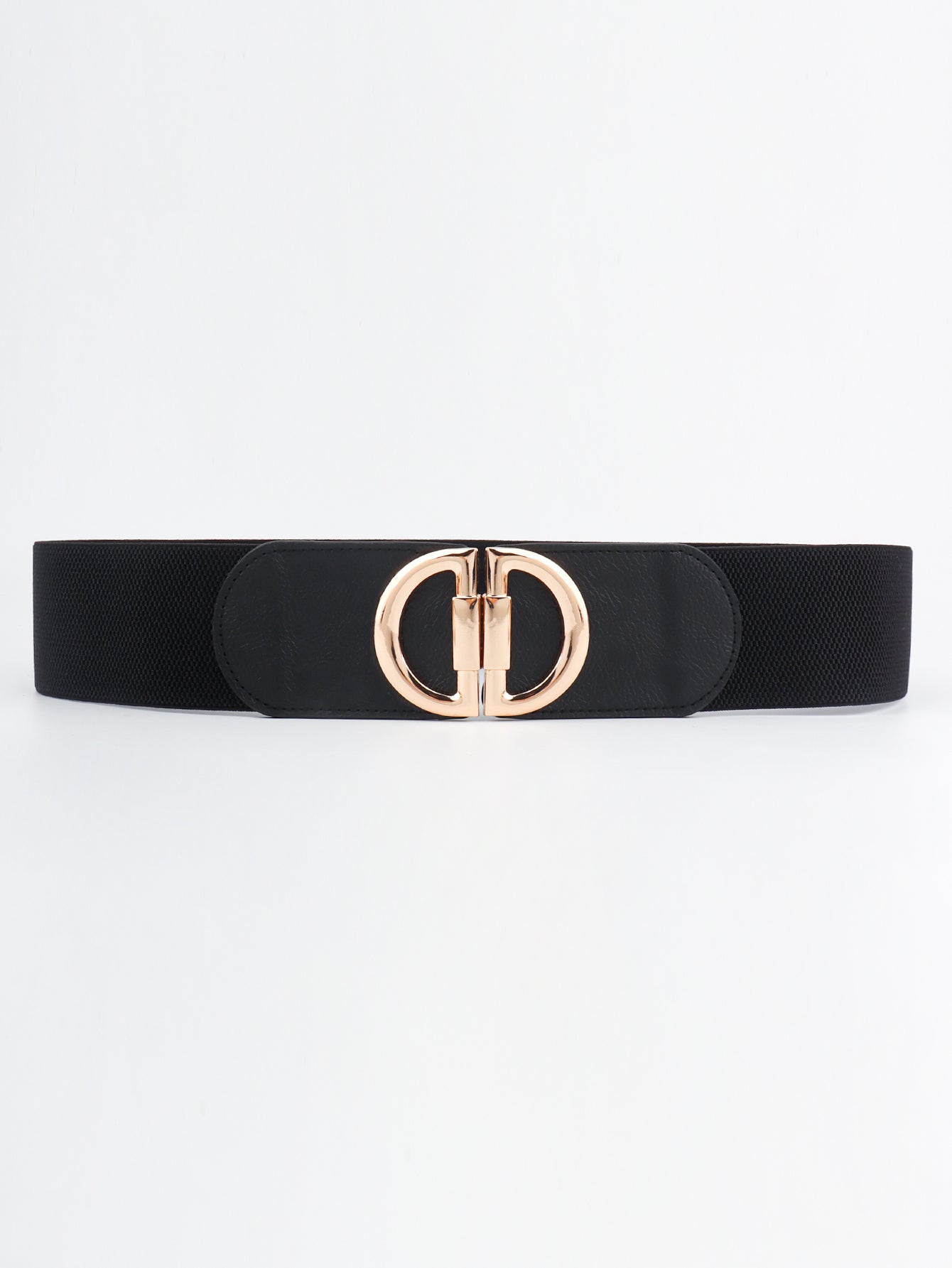 Black elastic belt with double D gold buckle
